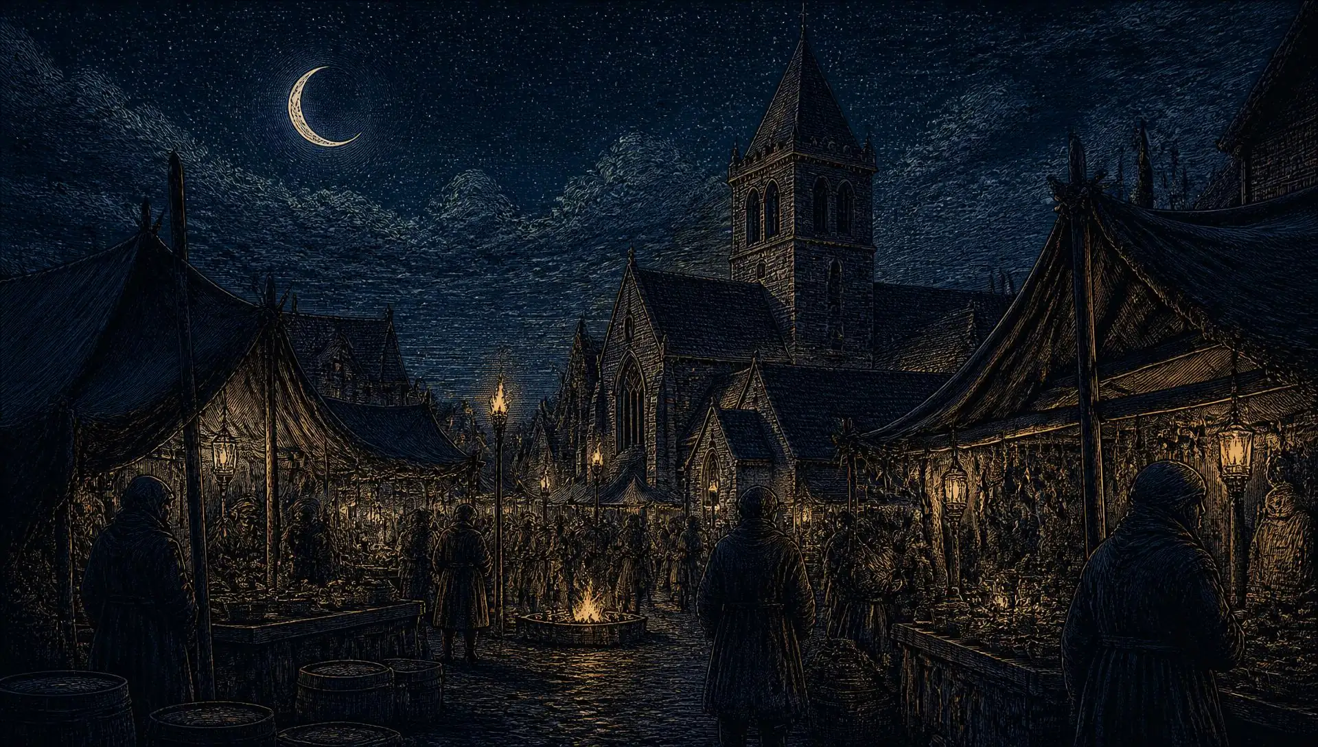 Nächtlicher mittelalterlicher Markt mit Zelten, Feuerschein und Mond